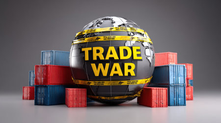 Visual representation of global trade conflict with a globe surrounded by cargo containers, illustrating the impact of tariffs and barriers in international commerce.の素材