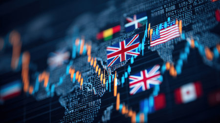 A striking digital visualization of global financial markets featuring various country flags and market trends, ideal for finance and investment themes.の素材