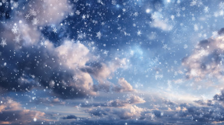 A captivating winter sky features delicate snowflakes gently falling through a backdrop of soft, fluffy clouds. The serene blue atmosphere evokes a tranquil feeling of the season.の素材