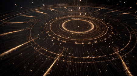 This image features an abstract cosmic design with radiant particles and circular patterns glowing against a dark background, creating a mesmerizing visual effect.の素材