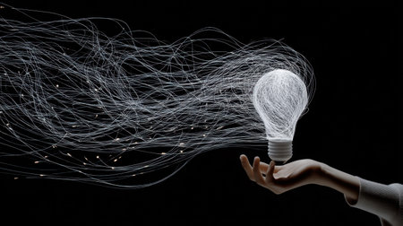 This image depicts a hand holding a glowing light bulb from which luminous energy strands emanate, symbolizing creativity and innovation in a dark setting.の素材