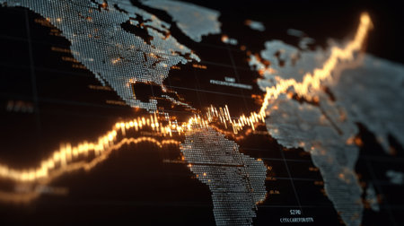 Visual representation of global financial trends with a digital map and upward growth graph. Ideal for finance, analytics, and trading concepts.の素材