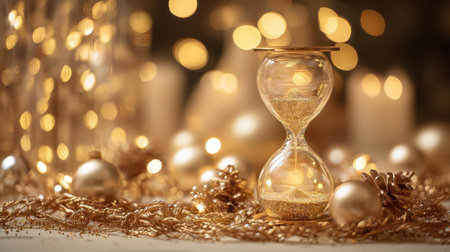 A stunning hourglass filled with golden sand set against a soft background of festive lights and elegant decorations, perfect for holiday themes.の素材