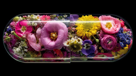 A striking capsule filled with an array of colorful flowers illustrates the harmony of nature and wellness. This artistic representation embodies freshness and beauty.の素材