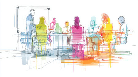 Colorful abstract illustration of a business meeting with diverse silhouettes. Captures interaction and collaboration among participants in a modern workspace.の素材