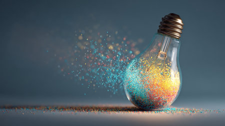 A captivating image of a lightbulb releasing vibrant, colorful dust particles, symbolizing creativity and innovation in a modern digital design aesthetic.の素材