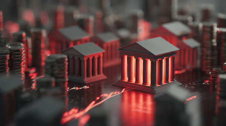 A visually striking digital representation of bank structures surrounded by coins, illustrating themes of financial growth, investment, and urban commerce.の素材