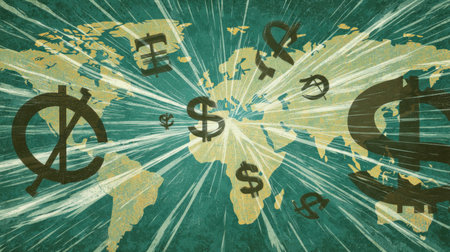 Explore a vibrant world map design featuring various currency symbols, representing the dynamics of global finance and economic interactions across nations.の素材