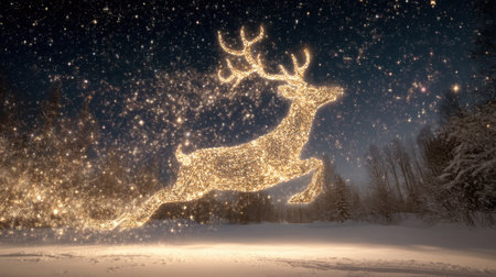 A magical scene featuring a glittering reindeer leaping through a snowy landscape under a captivating starry night sky, embodying the spirit of joy and celebration.の素材