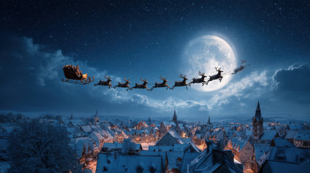 A charming winter scene of Santa Claus flying across a snowy village, surrounded by reindeer against a glowing full moon. Embrace the spirit of the season!の素材