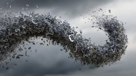 Stunning abstract image depicting the flow of money and finance. Symbols and numbers blend dynamically, representing transformation and innovation in the economy.の素材