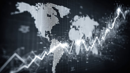An abstract representation of a world map combined with financial graphs, ideal for illustrating concepts of data analytics, globalization, and economic growth.の素材