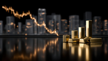 A collection of gold bars rests prominently in front of a blurred city skyline and financial graph, symbolizing investment opportunities and market trends.の素材
