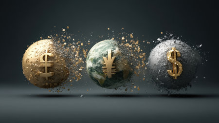 This captivating image features currency symbols and a globe, artistically rendered in an abstract three-dimensional design, representing global finance and trade.の素材