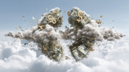 A striking visual of a money explosion with dollar bills and currency symbols emerging from clouds, representing wealth, prosperity, and financial imagination in an abstract landscape.の素材