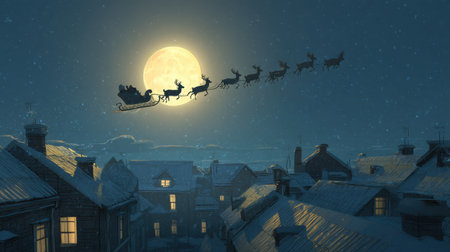 A magical scene of a sleigh pulled by reindeer soaring through the night sky, illuminated by a full moon, creating a festive and enchanting winter landscape.の素材