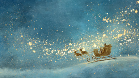 Experience a magical winter scene with a sleigh pulled by reindeer under a sparkling starry night. Ideal for holiday themes and festive storytelling.の素材