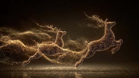 A captivating scene of reindeer galloping through a golden mist, radiating energy and grace. This enchanting image brings a magical touch to festive themes and celebrations.の素材