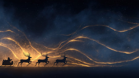A magical scene featuring a silhouetted sleigh and reindeer gliding through a starry sky, surrounded by luminous waves of light, capturing a sense of wonder and holiday cheer.の素材