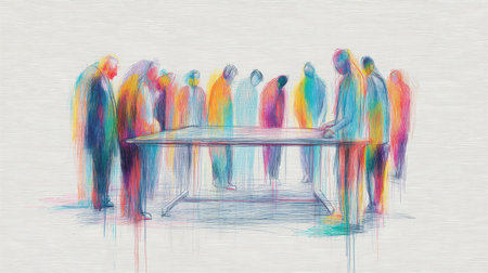 This vibrant abstract illustration captures a group discussion around a table, showcasing colorful silhouettes engaged in a creative and dynamic exchange of ideas.の素材