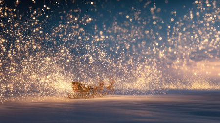 Experience a magical winter journey on a sparkling sleigh through a serene landscape at dusk, filled with vibrant lights and enchanting beauty.の素材