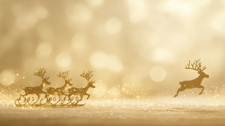 Enchanting holiday scene showcasing a sleigh with reindeer against a sparkling golden backdrop. A magical winter atmosphere filled with festive joy.の素材