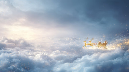 A whimsical scene of a sleigh pulled by reindeer soaring through fluffy clouds, creating a magical atmosphere under a dreamy sky filled with light and wonder.の素材