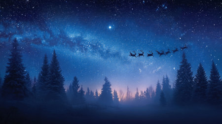 A stunning winter night sky filled with stars, showcasing Santa's sleigh and reindeer flying over a serene forest. A magical holiday scene perfect for festive themes.の素材