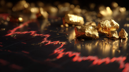Close-up of gold nuggets scattered over a stock market graph showing a red trend, symbolizing fluctuations in investment, finance, and economic growth opportunities.の素材