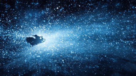 A silhouette of Santa Claus in a sleigh glides through a starry night sky, embodying the magic of the holiday season. The scene evokes joy and wonder.の素材