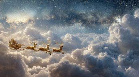 A captivating fantasy scene featuring a sleigh and reindeer soaring through dreamy clouds under a starry night sky. Perfect for holiday themes.の素材