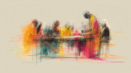This abstract artwork depicts a vibrant group discussion scene, capturing the essence of collaboration, expression, and creativity through colorful strokes.の素材