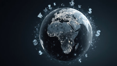 This striking image showcases the globe with a focus on Africa, surrounded by glowing symbols of commerce and digital currency, representing a global market.の素材