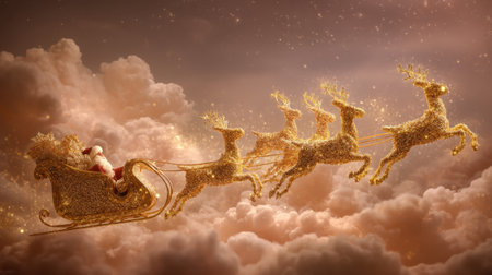 A magical scene depicts a glittering sleigh pulled by reindeer soaring through a starry sky, capturing the essence of holiday joy and festive wonder.の素材