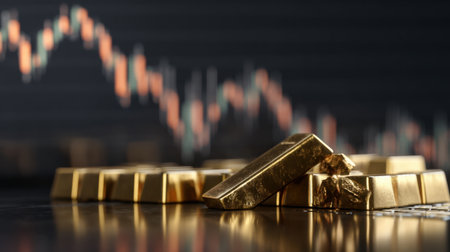 Close-up of shiny gold bars set against a dark background with a stock market graph, representing wealth, finance, and investment opportunities in precious metals.の素材
