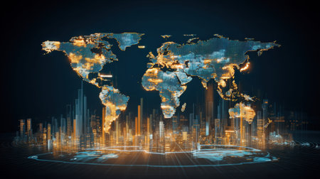 A stunning visualization of a digital world map illuminated by glowing lights, showcasing a vibrant cityscape. This modern design emphasizes global connectivity and innovation.の素材