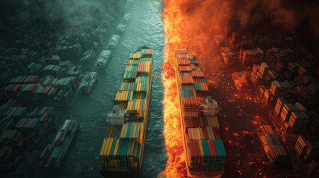 Dramatic aerial view of cargo ships navigating through a fiery ocean with smoke and containers, symbolizing risk in global shipping and environmental crisis.の素材