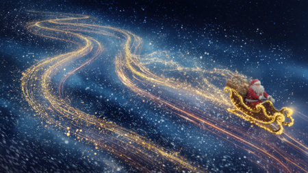 A magical scene of Santa Claus riding through a starry night in a sparkling sleigh. The snowy background enhances the festive and joyful atmosphere.の素材