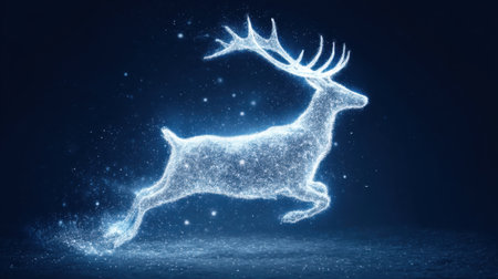 A stunning deer silhouette glows in a mystical blue background, surrounded by sparkling particles. This ethereal image captures a sense of magic and movement.の素材