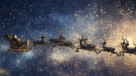 A captivating scene of Santa Claus in a sleigh, flying through a sparkly winter night sky filled with stars, embodying the magic of the holiday season.の素材