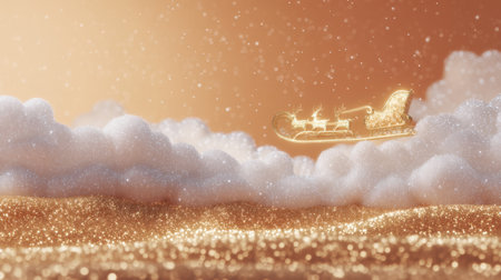 A magical sleigh gracefully glides above sparkling clouds at sunset, creating a dreamy and whimsical atmosphere perfect for holiday themes and celebrations.の素材