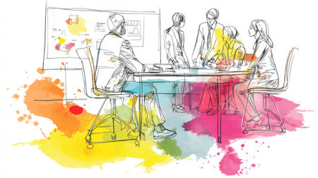 A vibrant watercolor sketch capturing a creative team engaged in an inspiring meeting around a table, discussing strategies and sharing ideas to drive success.の素材