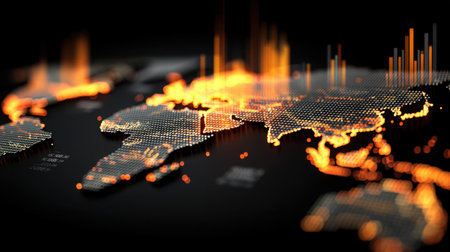 An abstract representation of a world map featuring dynamic data patterns. The dark background highlights bright colors, emphasizing trends and analytics. Perfect for technology and business themes.の素材