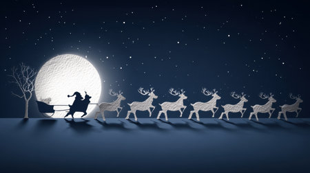 A charming paper cut artwork depicting Santa Claus with his reindeer under a luminous moon and twinkling stars, embodying the festive spirit of Christmas.の素材