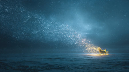 A captivating scene of a glowing sleigh traversing a serene snowy night sky filled with sparkling stars. The enchanting atmosphere evokes a sense of magic and wonder.の素材