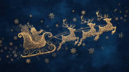 Experience a magical Christmas scene featuring a sparkling sleigh with reindeer, surrounded by shimmering stars on a rich blue background. Perfect for festive themes.の素材