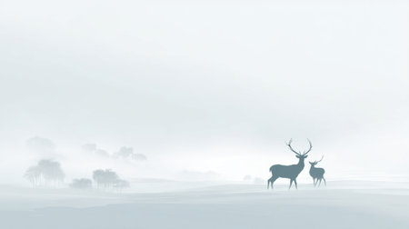A tranquil scene featuring silhouetted deer in a misty landscape, showcasing the beauty of nature. Ideal for conveying serenity and wild essence.の素材