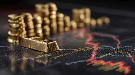 A close-up view of gold bars and stacks on a financial chart, highlighting investment trends and market fluctuations. Perfect for finance themes.の素材