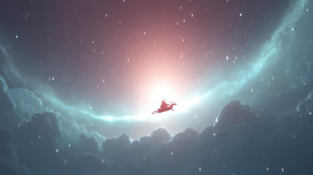 Experience the enchanting journey through a starry sky, where a sleigh glides over fluffy clouds in a magical winter landscape, evoking feelings of wonder and adventure.の素材