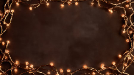 Create a magical atmosphere with this image of warm string lights on a dark background, perfect for festive decorations and cozy gatherings.の素材